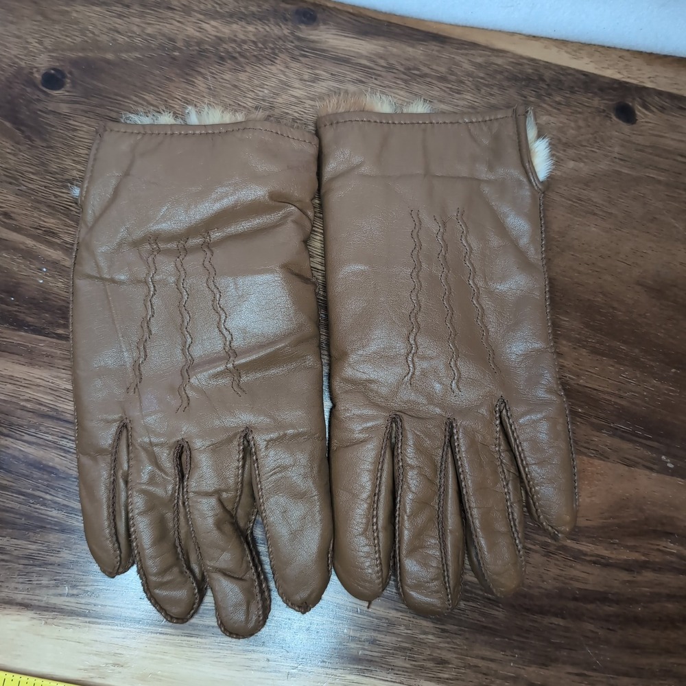 Vtg Dorfman Pacific Brown Cowhide Leather Gloves Rabbit Fur Lined Tan Winter L